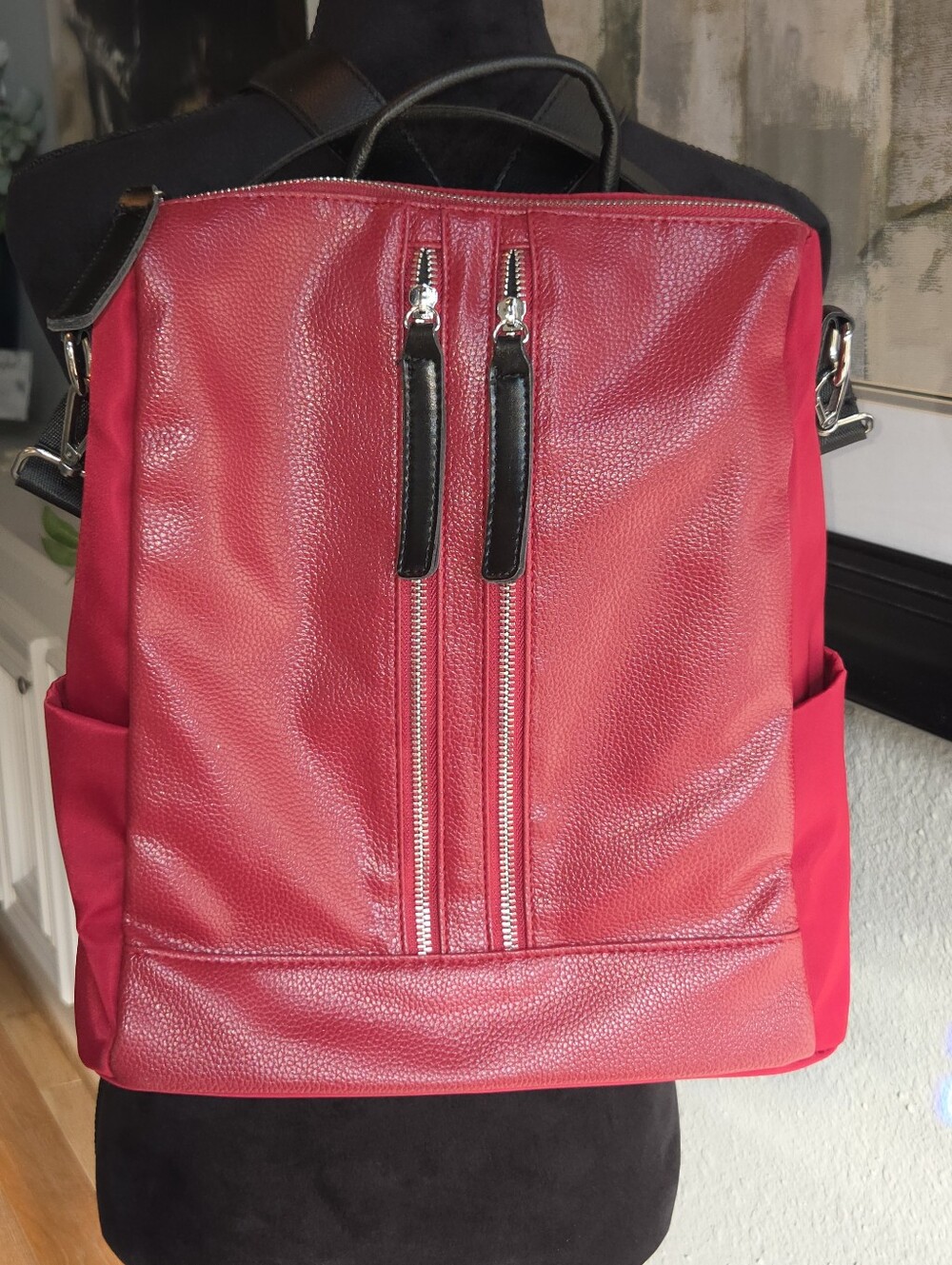 Wine Burgundy Convertible Backpack Shoulder Bag Faux Leather Front
